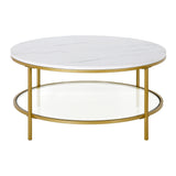 36" Gold Faux Marble And Steel Round Coffee Table With Shelf