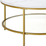 36" Gold Faux Marble And Steel Round Coffee Table With Shelf