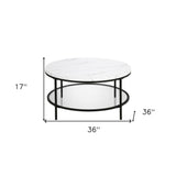 36" Black Faux Marble And Steel Round Coffee Table With Shelf