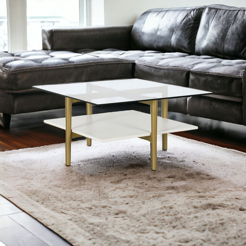 32" White And Gold Glass And Steel Square Coffee Table With Shelf