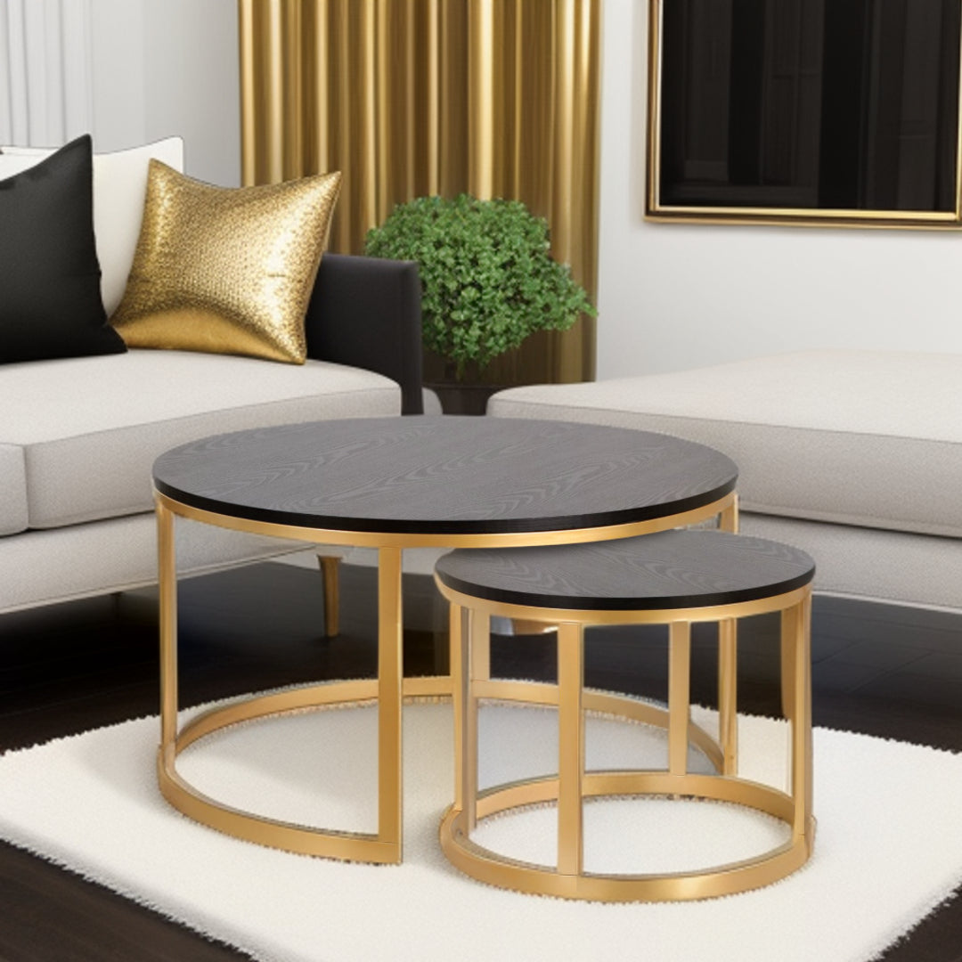 Set of Two 36" Black And Gold Steel Round Nested Coffee Tables