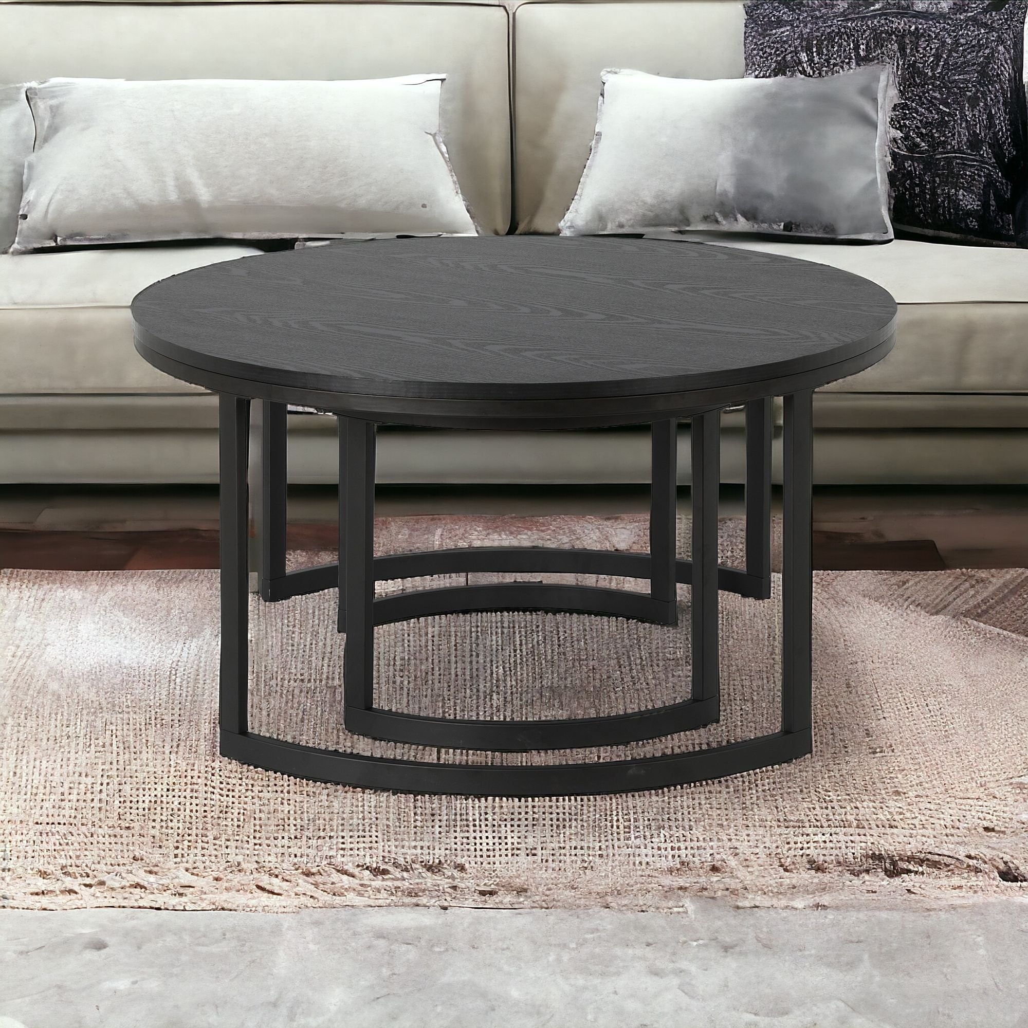 Set of Two 36" Black Steel Round Nested Coffee Tables