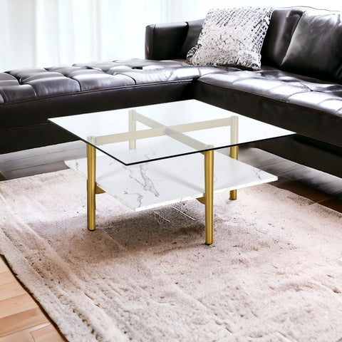 32" White And Gold Glass And Steel Square Coffee Table With Shelf