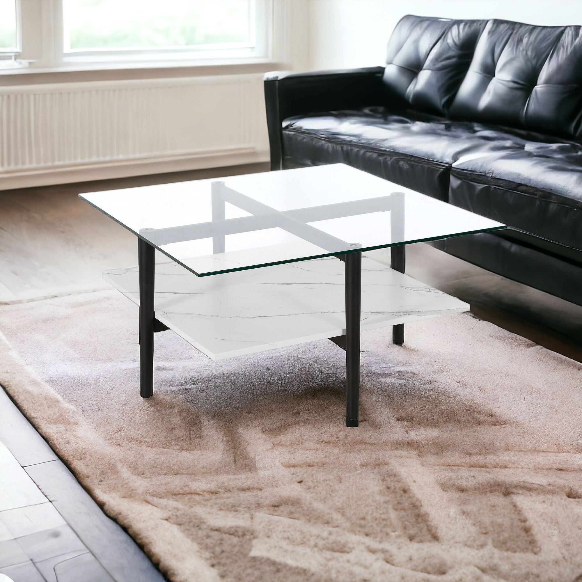 32" White And Black Glass And Steel Square Coffee Table With Shelf