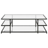 54" Black Glass And Steel Coffee Table With Three Shelves