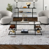 54" Black Glass And Steel Coffee Table With Three Shelves