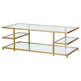 54" Gold Glass And Steel Coffee Table With Three Shelves