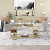 54" Gold Glass And Steel Coffee Table With Three Shelves