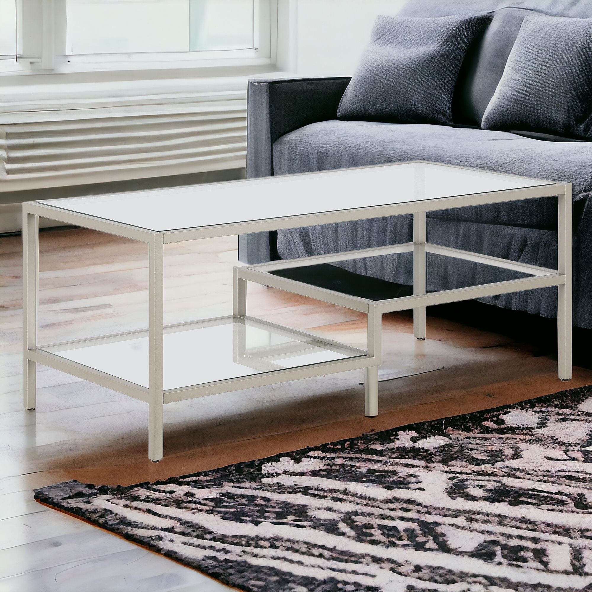 45" Silver Glass And Steel Coffee Table With Two Shelves