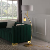 59" Matte Gold Dual Arc Floor Lamp With White Drum Shade