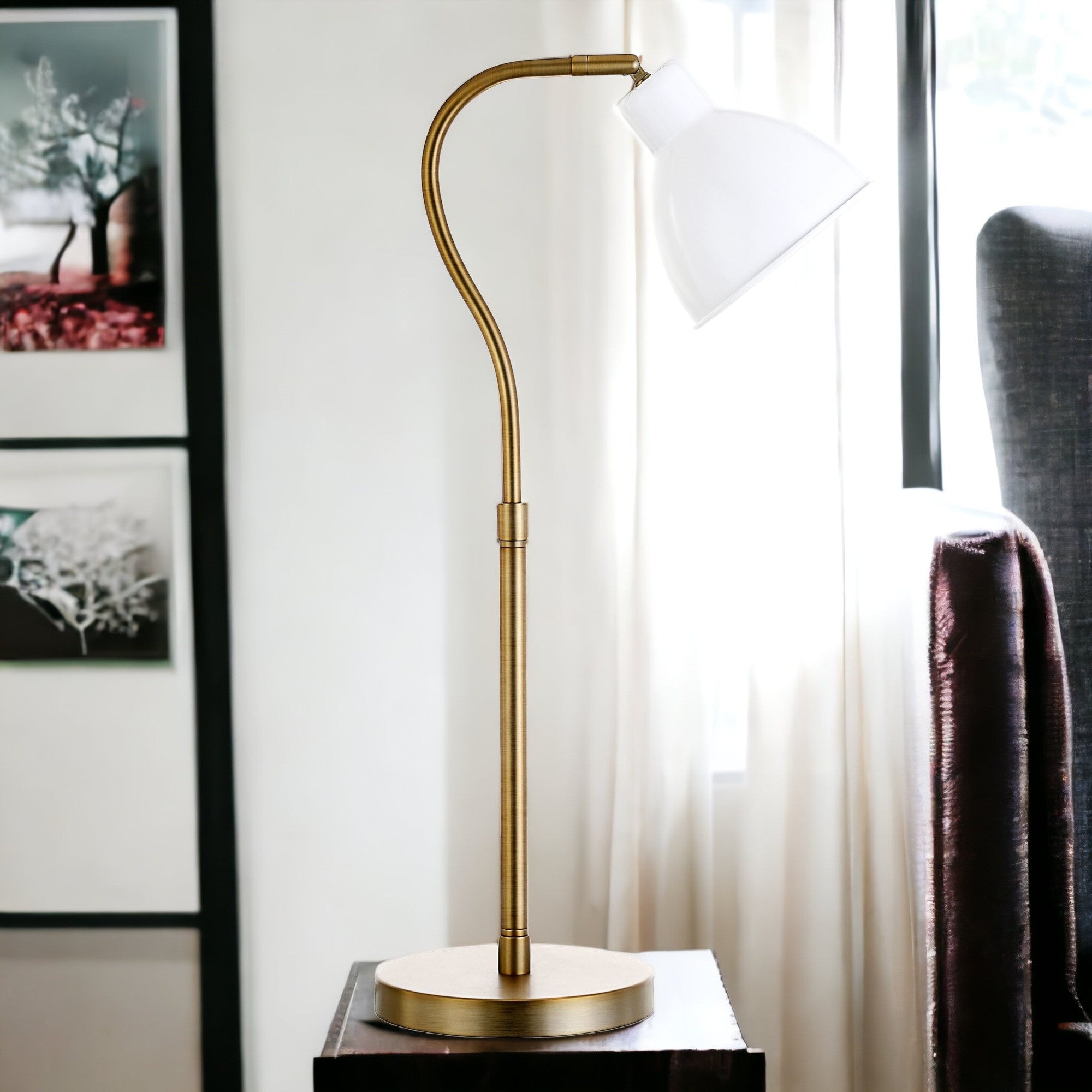 25" Brass Metal Arched Table Lamp With White Dome Shade