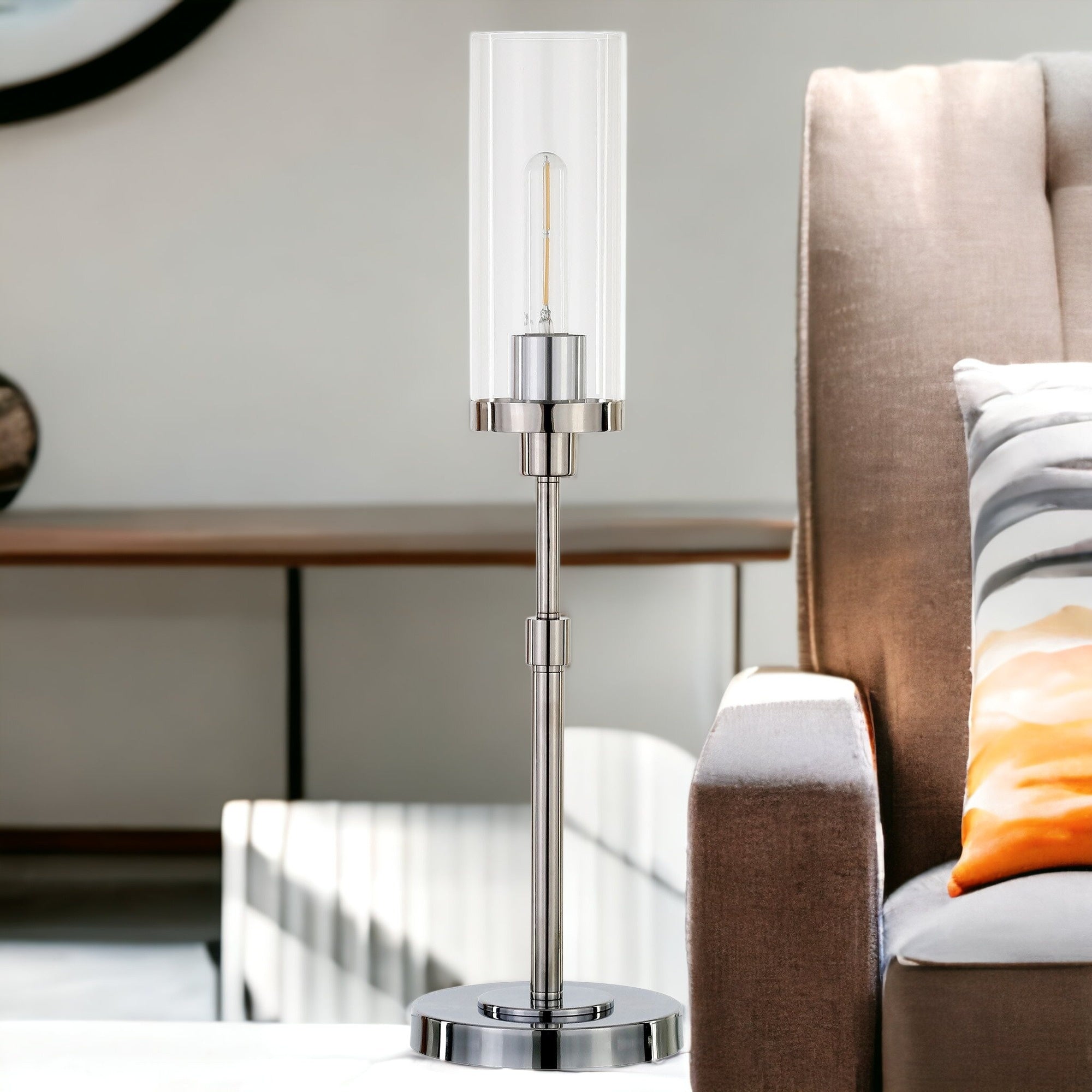 26" Nickel Metal Table Lamp With Clear Cylinder Shade