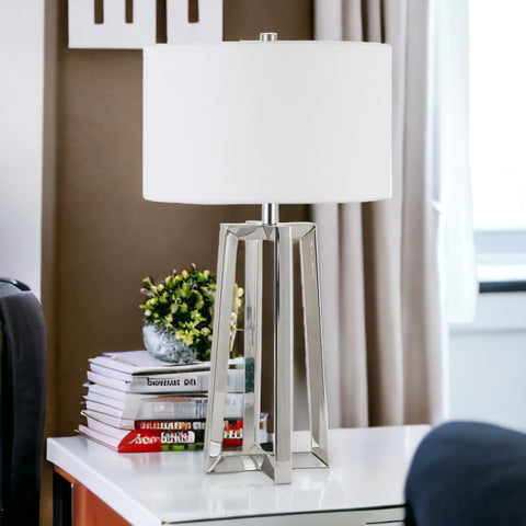 24" Nickel Metal Table Lamp With White Drum Shade