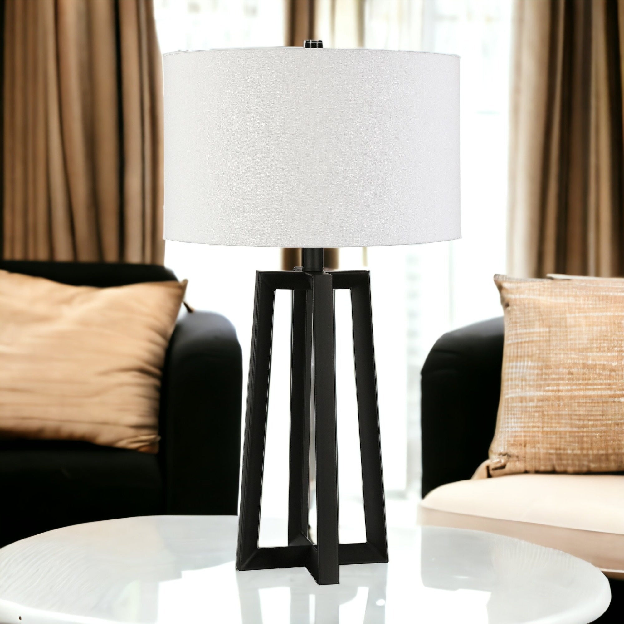 24" Black and White Metal Table Lamp With White Drum Shade