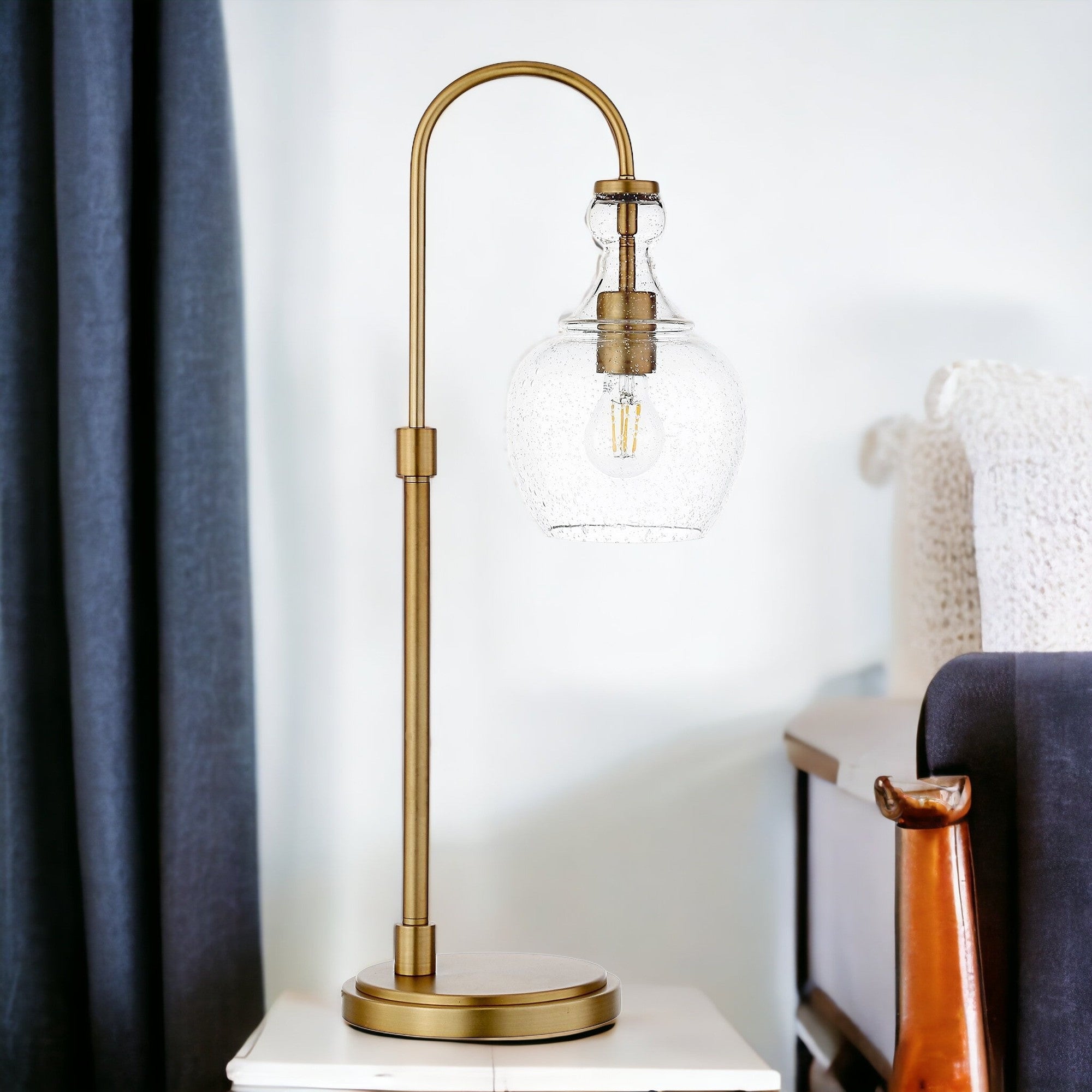 27" Brass Metal Arched Table Lamp With Clear Seeded Dome Shade