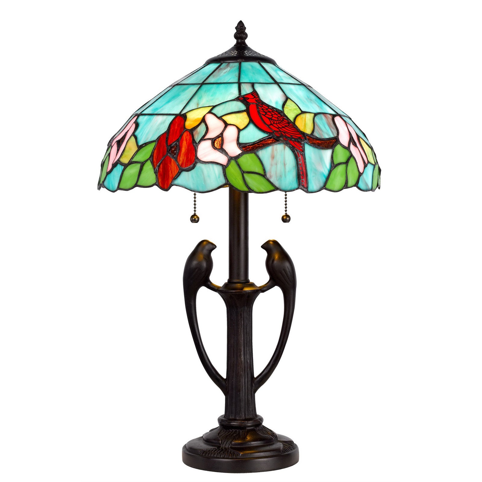 22" Bronze Two Light Tiffany Table Lamp With Aqua and Red Floral Shade