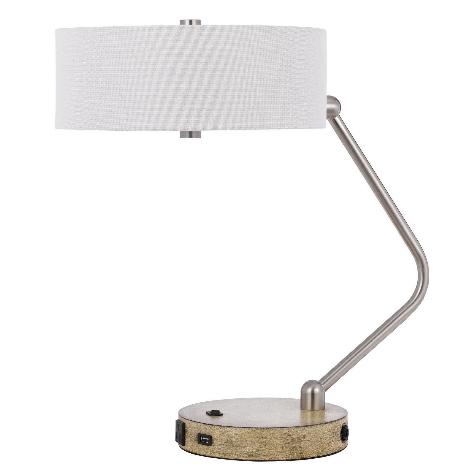 20" Nickel Metal Two Light Desk Usb Table Lamp With White Drum Shade