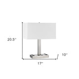 21" Nickel Metal Two Light Desk Usb Table Lamp With White Rectangular Shade