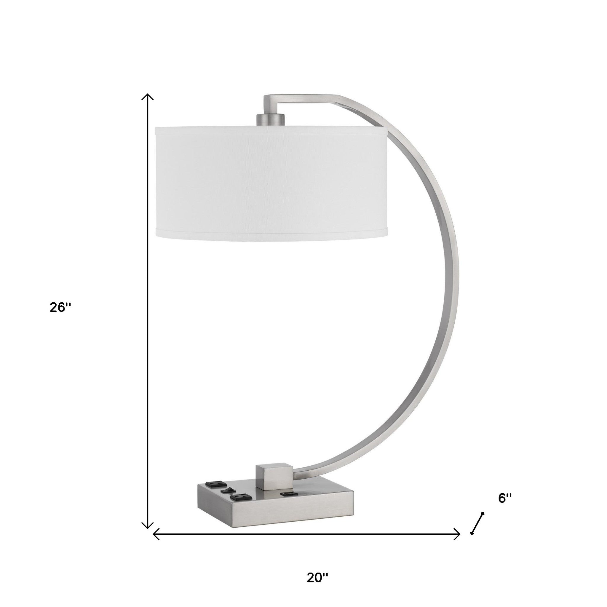 26" Nickel Metal Desk Usb Table Lamp With White Rectangular Shade