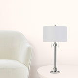 31" Silver Metallic Metal Two Light Table Lamp With White Drum Shade