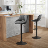 Set of Two 32" Gray And Black Faux Leather And Steel Swivel Low Back Adjustable Height Bar Chairs