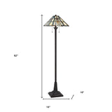 62" Bronze Two Light Traditional Shaped Floor Lamp With Gray and Ivory Abstract Tiffany Glass Empire Shade