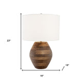 23" Brown Solid Wood LED Table Lamp With White Drum Shade