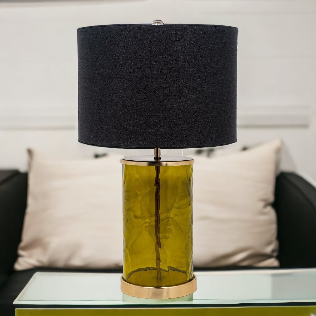 22" Green Glass LED Table Lamp With Black Drum Shade