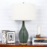 27" Blue Green Glass LED Table Lamp With White Drum Shade