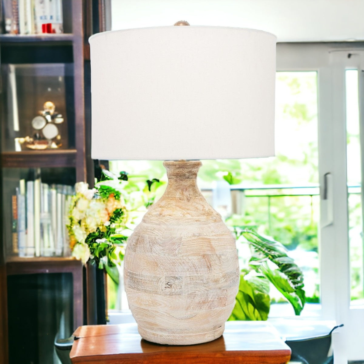 27" Blanched Almond Solid Wood LED Table Lamp With White Drum Shade