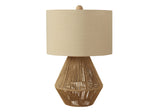 22" Brown Rattan Geometric Table Lamp With Beige Drum Shade