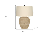 25" Beige Rattan Round Table Lamp With Beige Drum Shade