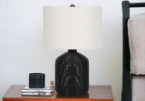 23" Black Rattan Round Table Lamp With Ivory Drum Shade