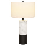 24" Black and White Marble and Metal Cylinder Table Lamp With White Drum Shade