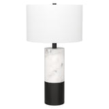 24" Black and White Marble and Metal Cylinder Table Lamp With White Drum Shade