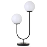 28" Black Metal Two Light Novelty Globe Table Lamp With White Globe Shade