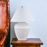 23" Red and White Ceramic Urn Table Lamp With White Cone Shade