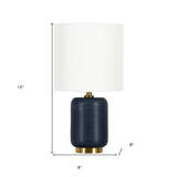 15" Blue and Gold Ceramic Cylinder Table Lamp With White Drum Shade