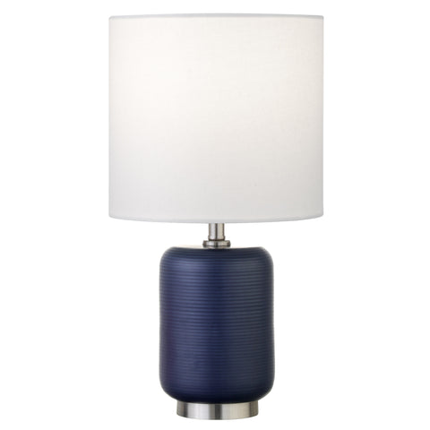 15" Blue and Silver Ceramic Cylinder Table Lamp With White Drum Shade