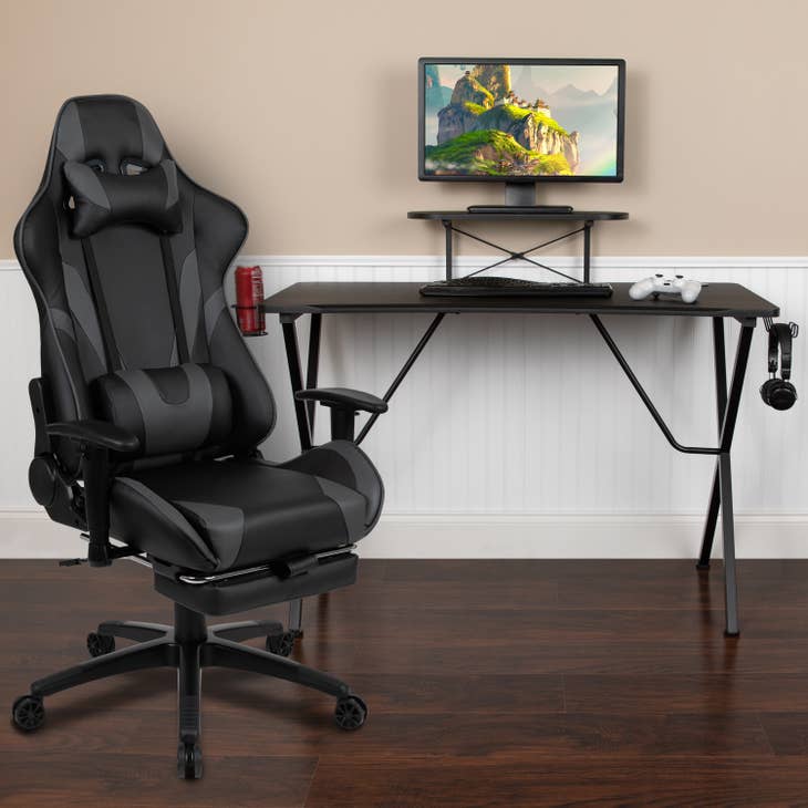 Black Gaming Desk-Cup Holder/Reclining Chair Set