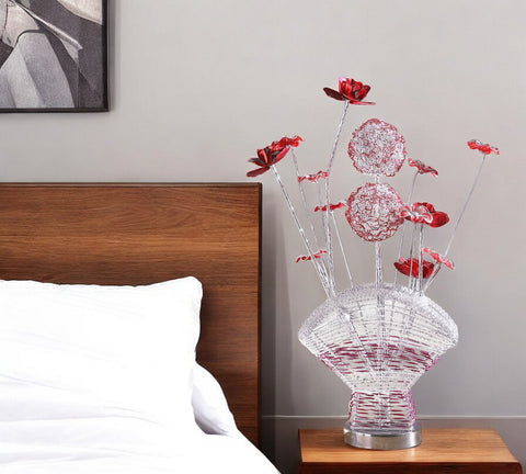 22" Silver and Clear Metal and Acrylic Red Rose Bedside Lamp