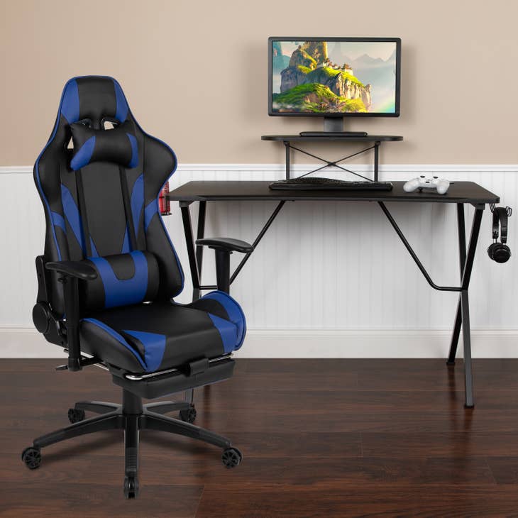 Black Gaming Desk-Cup Holder/Reclining Chair Set