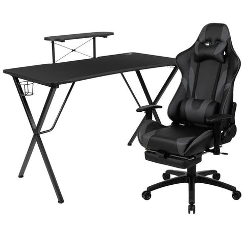 Black Gaming Desk-Cup Holder/Reclining Chair Set