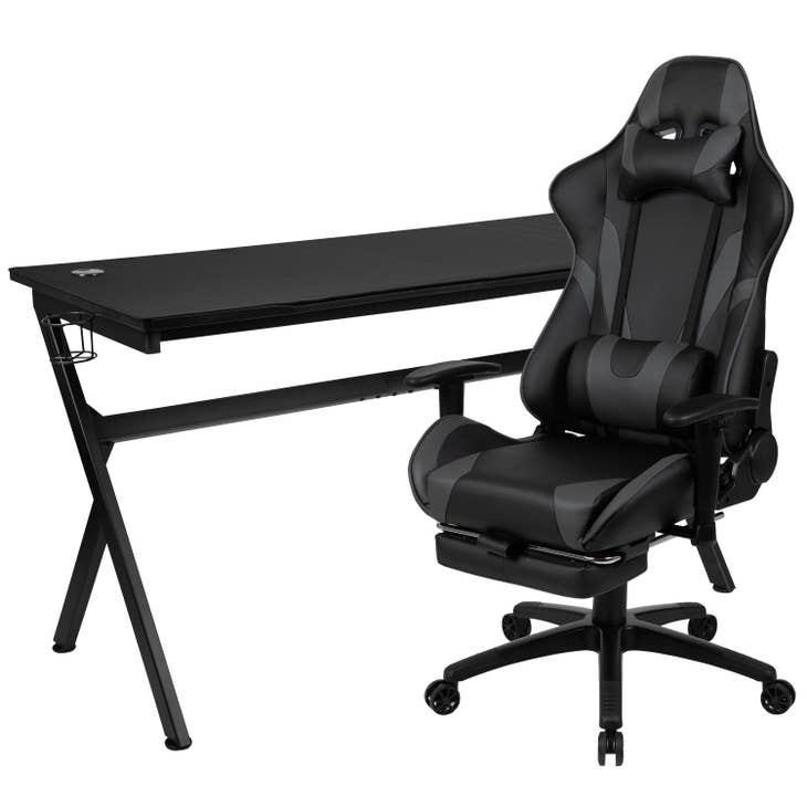 Black Gaming Desk-Cup Holder/Reclining Chair Set