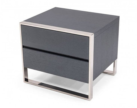 Modern Gray and Stainless Steel Nightstand with Two Drawers