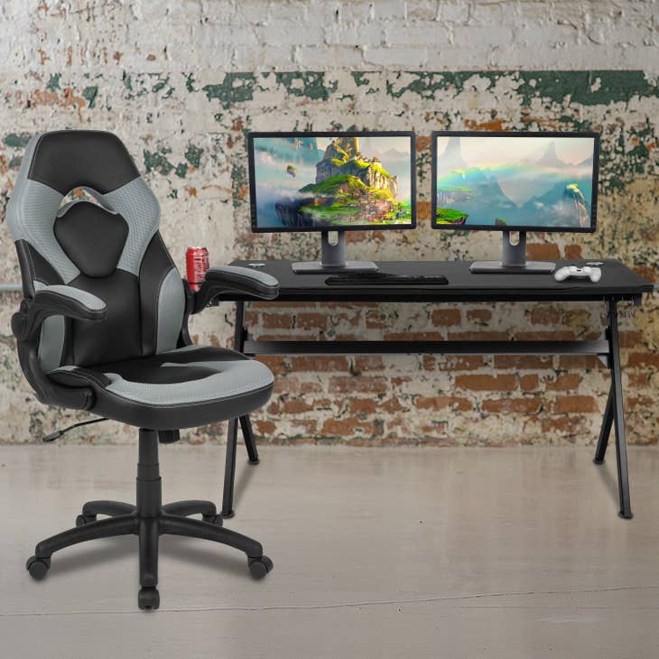 Gray and Black Gaming Desk and Chair Set with Cup Holder