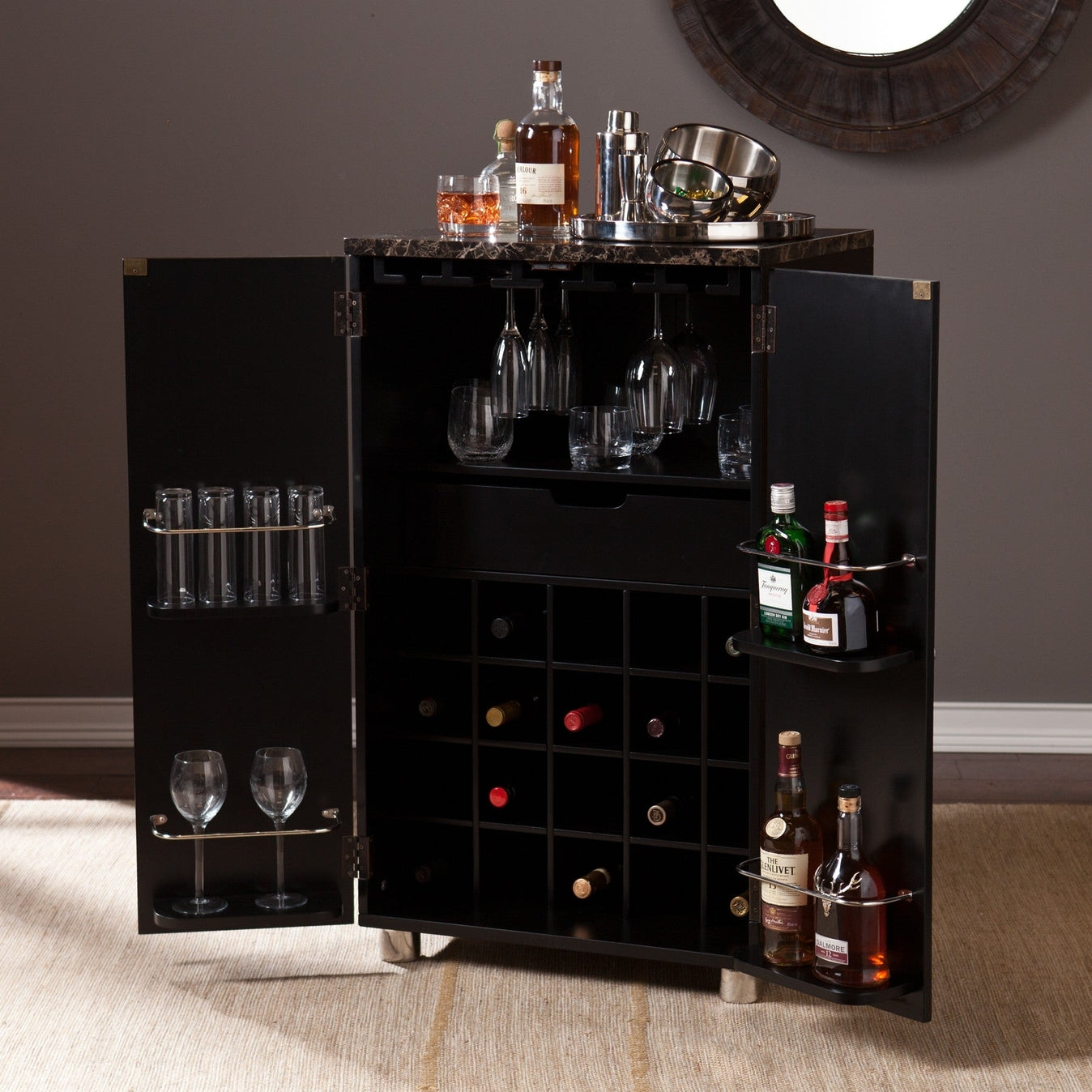 Metro Black Wood and Marble Bar Cabinet