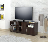 63" Dark Brown Wood And Metal Cabinet Enclosed Storage Mirrored TV Stand