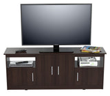 63" Dark Brown Wood And Metal Cabinet Enclosed Storage Mirrored TV Stand