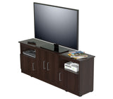 63" Dark Brown Wood And Metal Cabinet Enclosed Storage Mirrored TV Stand